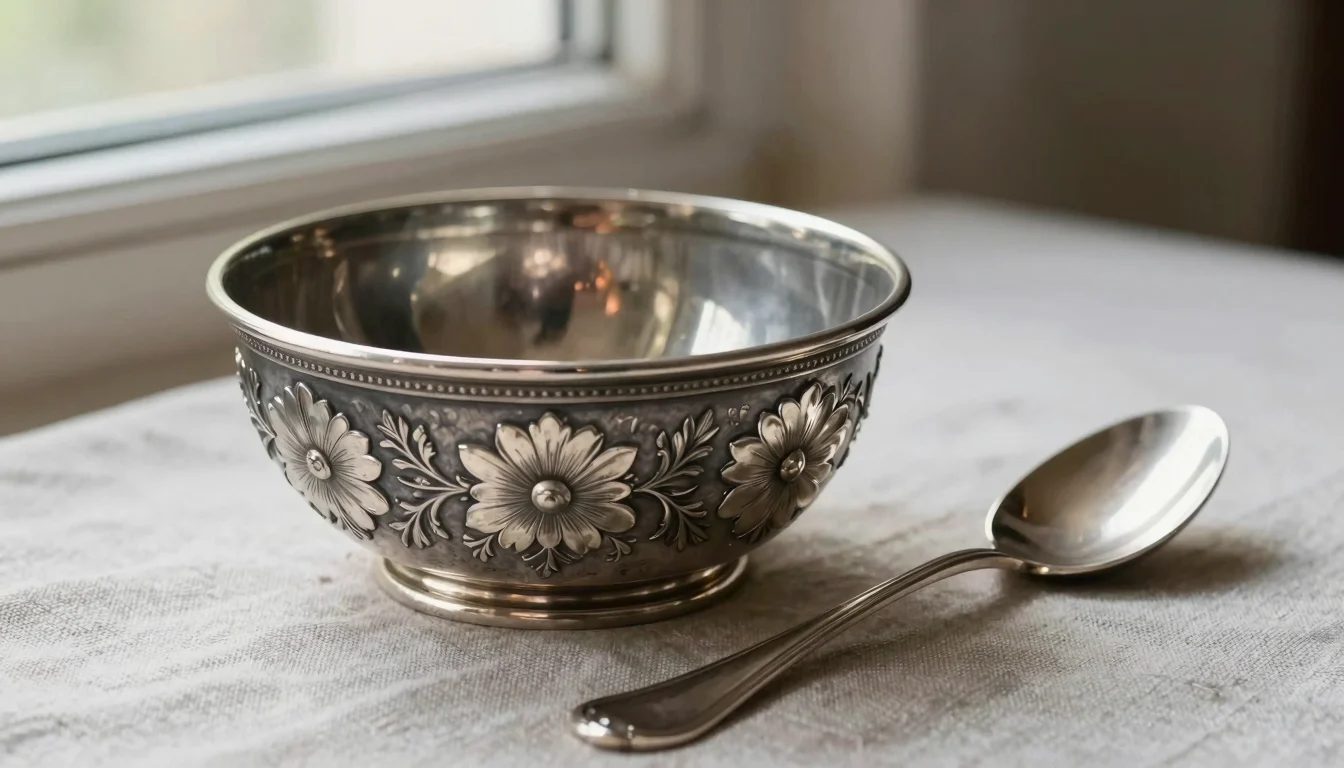 AI-generated close-up of ornate silver relief with dark recesses beside a plain polished modern spoon