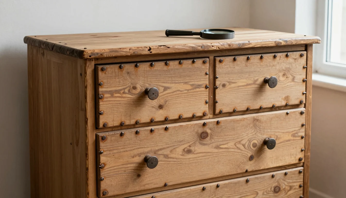 AI-generated image of a rustic pine chest of drawers with rows of old iron nail heads and rust halos around the drawer fronts, plain iron knobs, and a pocket magnifier resting on top