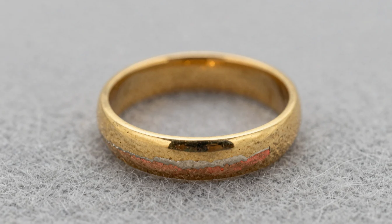 AI-generated image of a gold-plated band ring worn through to coppery and silvery base metal along its bottom edge
