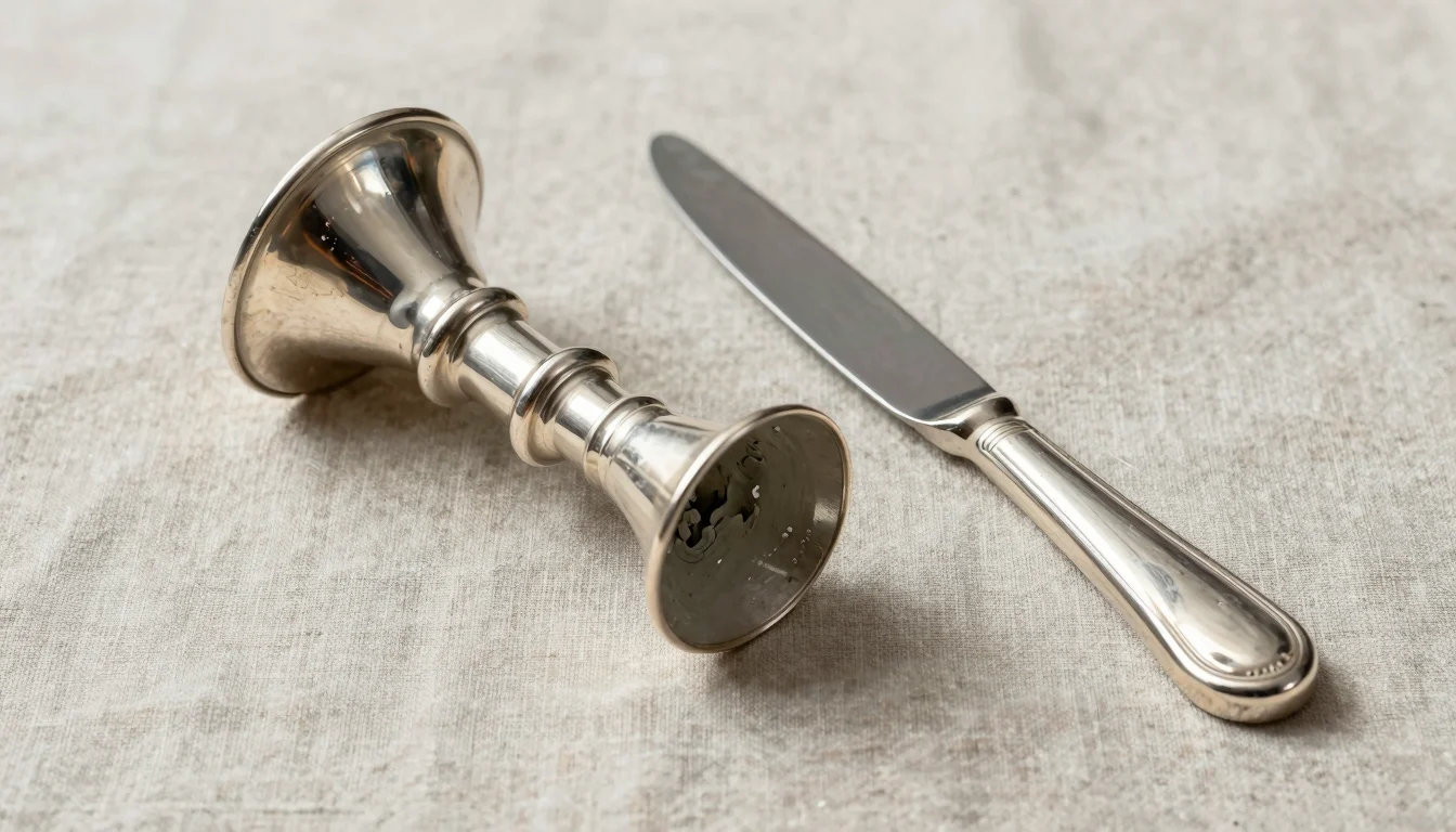 AI-generated image of a weighted silver candlestick opened to show its plaster core beside a hollow-handle knife