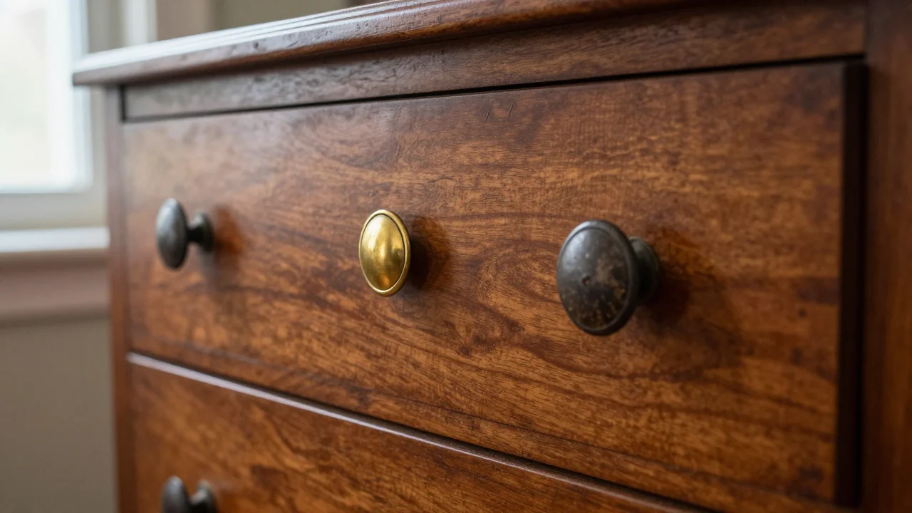 The front of an old wooden chest of drawers with one bright brass knob between two darker worn knobs