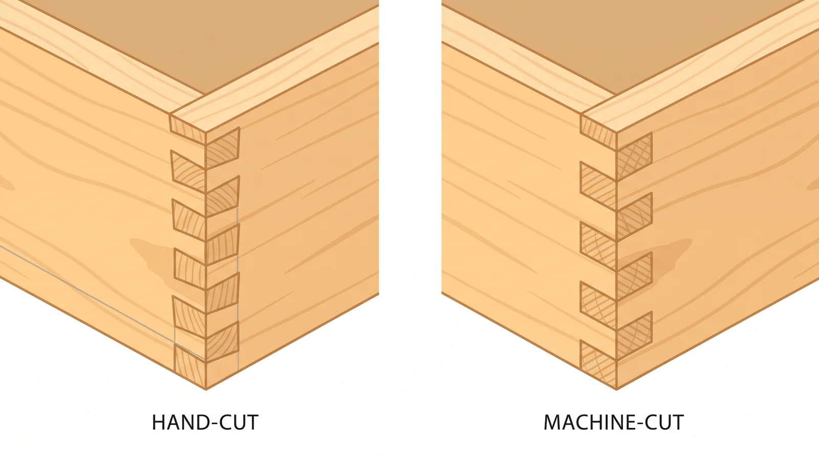 Two-panel illustration of drawer corners labelled hand-cut and machine-cut: the left joint has narrow, slightly uneven dovetail pins and a faint scribe line, the right has wider, perfectly even pins