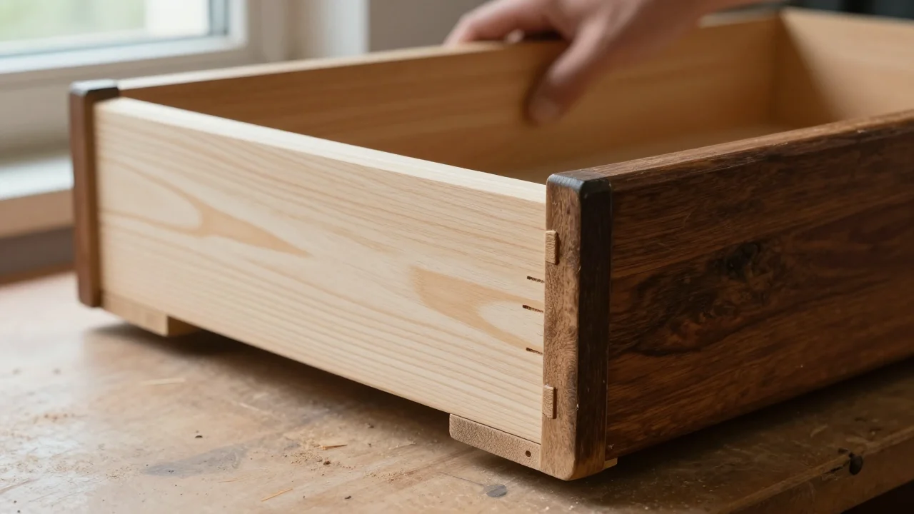 An old wooden drawer standing on a workbench, its pale unfinished pine side meeting the darker front at a corner joint whose small end-grain tails show through the front