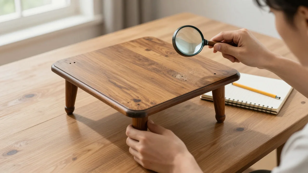 A person turning a small antique side table upside down and examining its underside with a hand lens