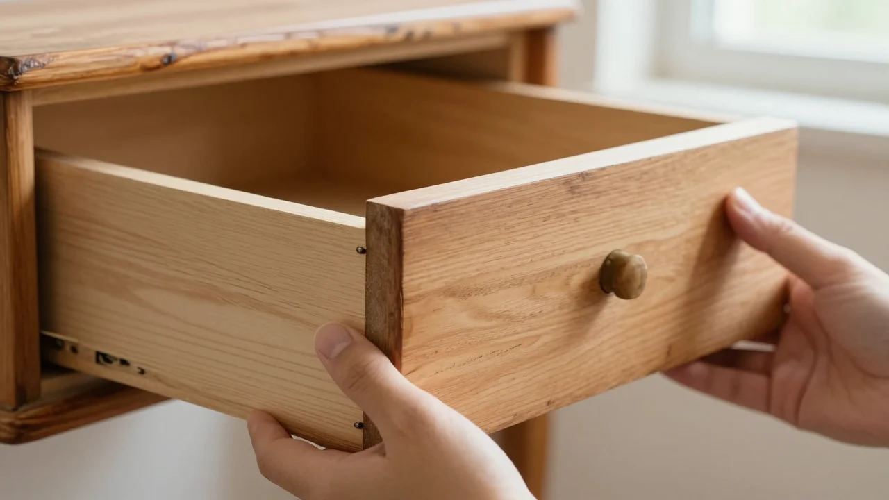 Two hands pulling out a wooden drawer to inspect its corner joint and the pale unfinished wood inside