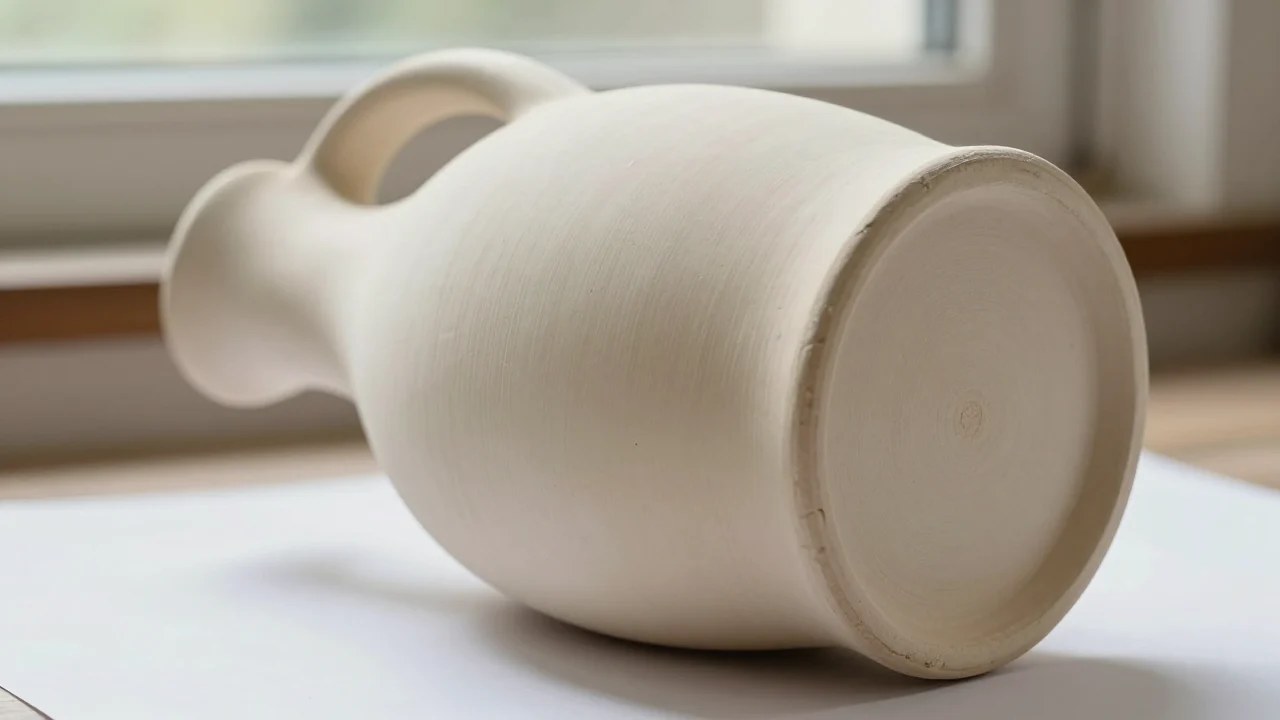 A cream stoneware jug lying on its side on white paper, its unmarked unglazed base and small nicks on the foot rim facing the camera