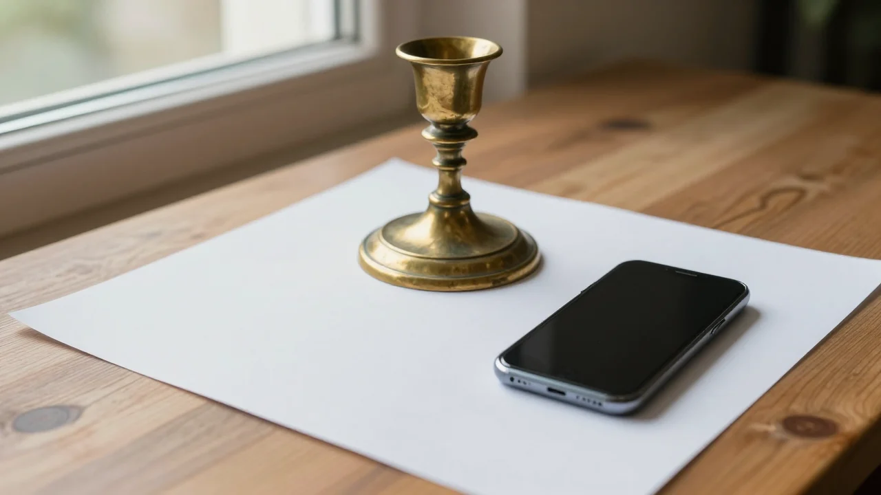 An old brass candlestick standing on a sheet of white paper on a wooden table in window light, with a smartphone, its screen dark, lying on the paper beside it