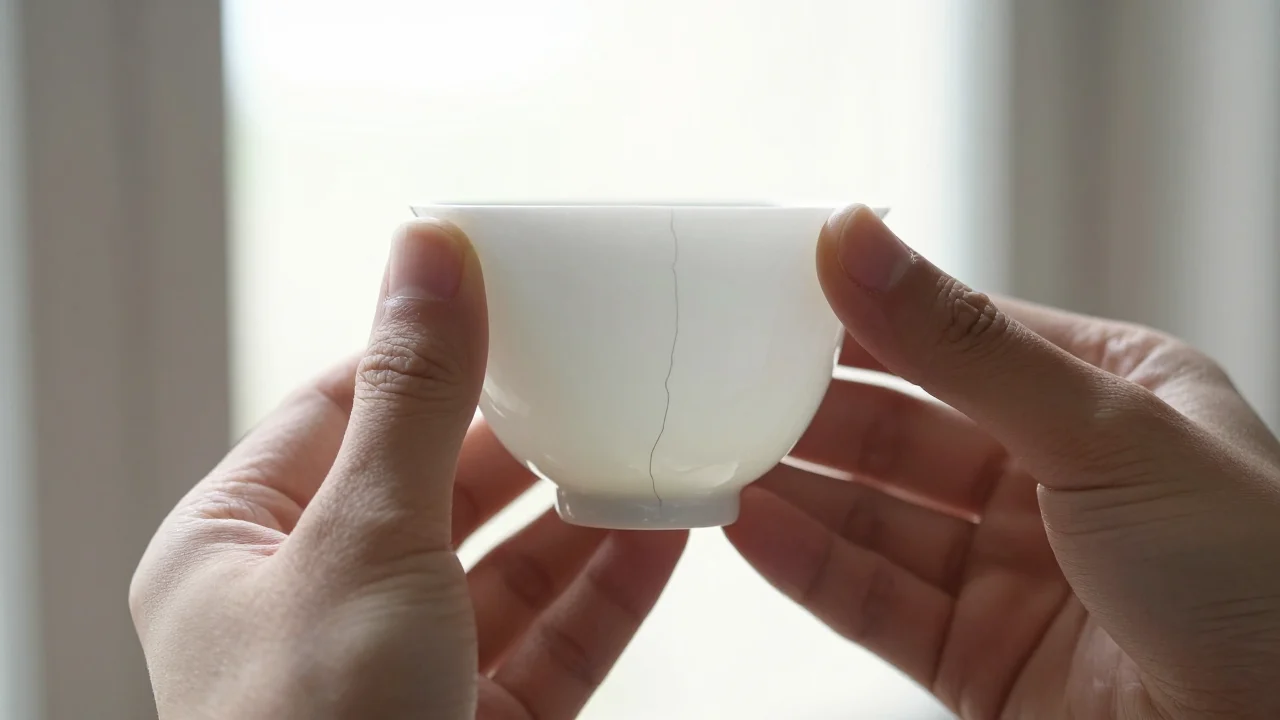 Two hands holding a plain white porcelain cup up against a bright window, a fine crack running down its side