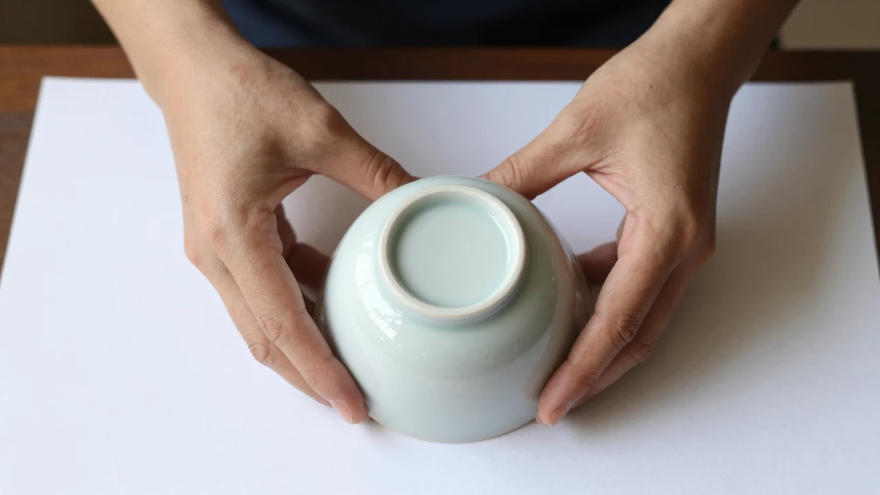 Two hands holding a pale ceramic bowl upside down on a sheet of white paper, showing a plain, unmarked foot rim