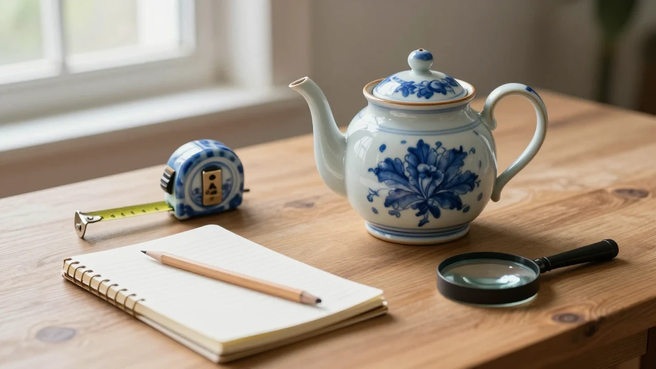 A blue and white porcelain teapot on a wooden table beside a tape measure, a notebook and a magnifying glass