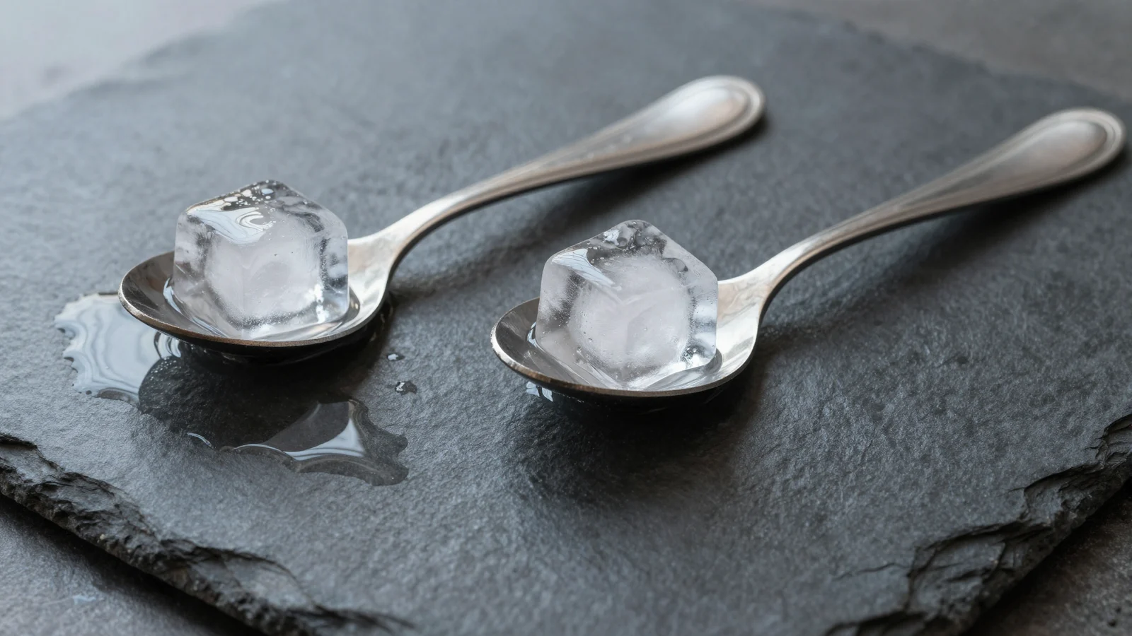 Two spoons on a slate board, each holding an ice cube, with meltwater pooled around only one of them