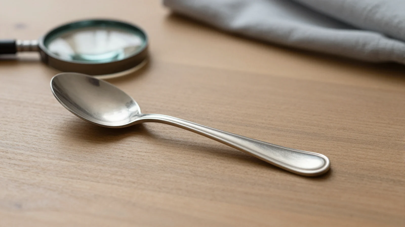A plain silver-coloured spoon lying on a wooden table with a magnifying glass behind it