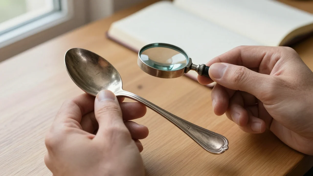 Two hands holding an old tarnished silver spoon and a small magnifying glass at a wooden table