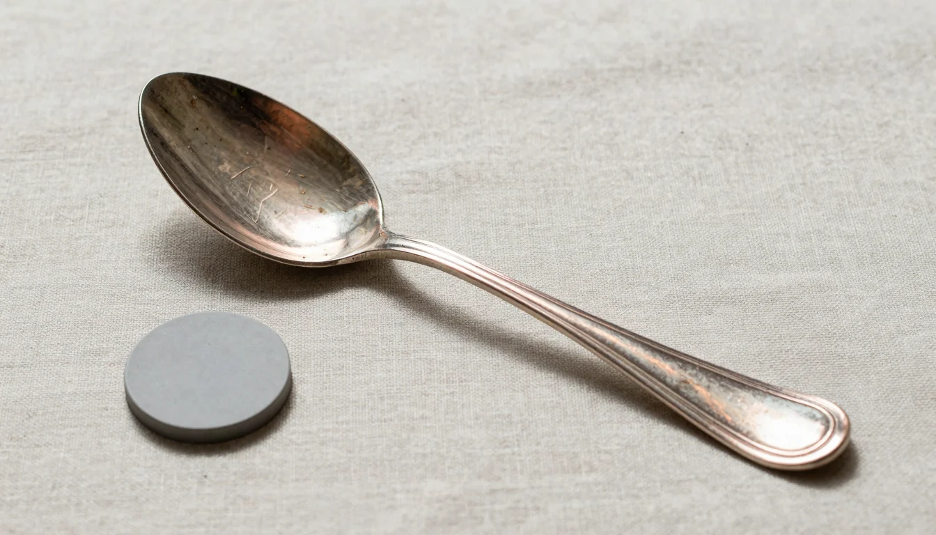 AI-generated image of a worn silver-plated spoon with copper showing through the plating beside a small magnet