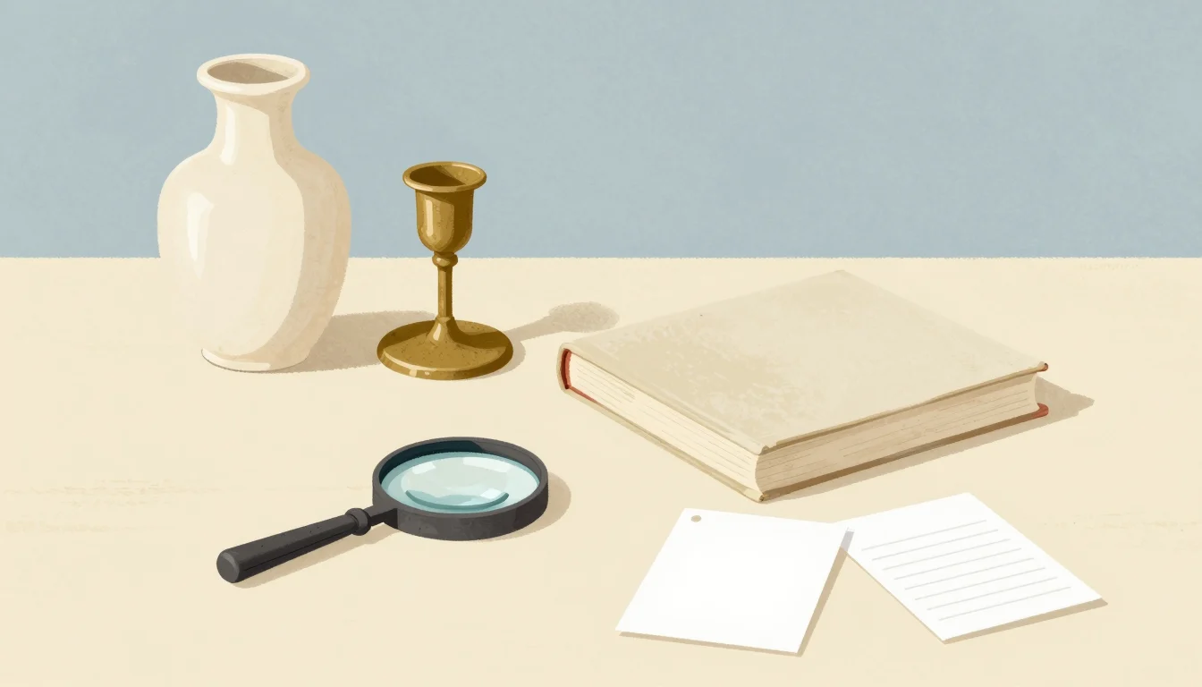 Illustration of collectible objects beside a magnifying glass and research notes