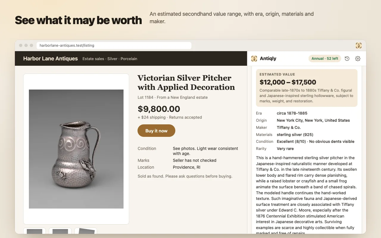 Antiqly for Chrome side panel showing an estimated value range and the basis for it for a Victorian sterling silver pitcher