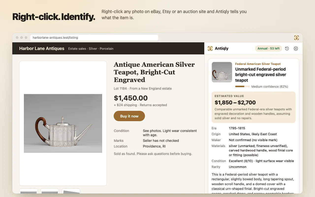 Antiqly for Chrome side panel identifying a Federal-period bright-cut engraved silver teapot with era, origin, materials, condition and rarity
