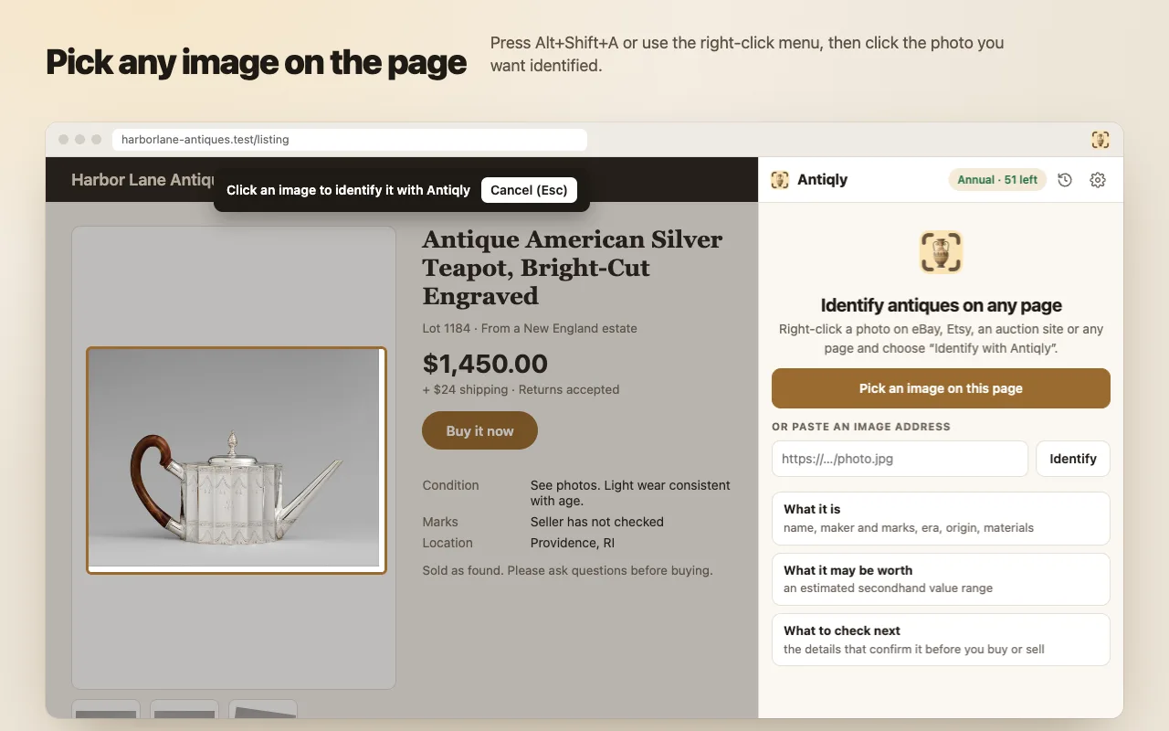Antiqly for Chrome pick mode highlighting a silver teapot photo on a demo listing page, with the side panel start screen open